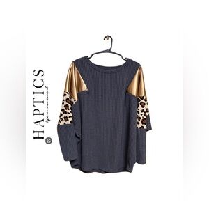 ✨🖤 Boutique Haptics Leopard & Gold Colorblock Ribbed Sweater Size Large Chic 🖤✨